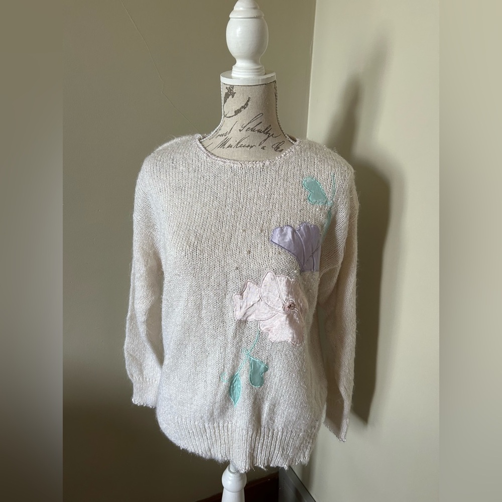 Cream Sweater with Pastel Floral Accents
